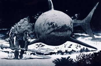 1boy animal_focus aquaman_(dc) aquaman_(series) beard bodysuit commentary commission coral dc_comics english_commentary facial_hair fish floating_hair gloves greyscale holding holding_weapon ink_(medium) james_harren long_hair male_focus megalodon monochrome mustache redesign sea_anemone shark sharp_teeth signature starfish sunglasses superhero_costume teeth traditional_media underwater very_long_hair walking weapon western_comics_(style)