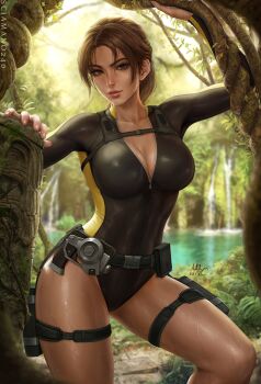 1girl bodysuit breasts brown_eyes brown_hair cleavage day diving_suit gun handgun highres holster lara_croft large_breasts lips long_hair looking_at_viewer multicolored_bodysuit outdoors pistol ponytail sciamano240 solo standing strap tan thigh_holster thigh_strap thighs tomb_raider two-tone_bodysuit unzipped weapon wet wetsuit