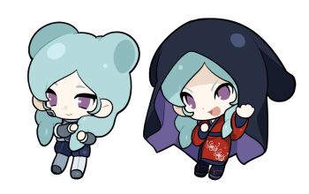 1girl aqua_hair belt beta_(inazuma_eleven) black_veil blue_pants bodysuit boots chibi chibi_only commentary double_bun grey_bodysuit grey_boots grey_shirt hair_bun hands_in_own_hair highres inazuma_eleven_(series) inazuma_eleven_go inazuma_eleven_go_chrono_stone japanese_clothes kimono long_hair multiple_views pants purple_eyes red_kimono sekugarashi shirt smile symbol-only_commentary veil white_background white_belt