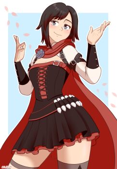 1girl ammunition_belt asymmetrical_hair bandolier belt belt_buckle black_hair breasts buckle cape cleavage closed_mouth colored_tips corset cowboy_shot detached_collar grey_eyes hands_up hood hooded_cape looking_away multicolored_hair multiple_belts petals pleated_skirt red_cape red_hair red_hood ruby_rose rwby selirum shell_casing short_hair skirt smile smug solo streaked_hair swept_bangs thighhighs torn_clothes torn_thighhighs zettai_ryouiki