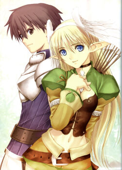 absurdres arm_behind_back armlet blouse blue_shirt blurry breasts cleavage cowboy_shot depth_of_field elwing from_side gorget hair_between_eyes head_wings high_collar highres jewelry leaning_to_the_side miniskirt narrow_waist pencil_skirt pointy_ears scan sega shining_(series) shining_tears shirt skirt standing tony_taka v-shaped_eyebrows wings xion