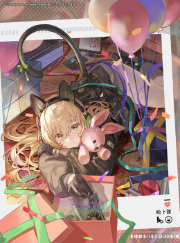 Rule 34 | 1girl, ame jang, animal ears, balloon, black gloves, black jacket, blonde hair, box, cat ears, gift, gift box, girls' frontline, girls' frontline 2: exilium, gloves, graphics card, harpsy (girls' frontline 2), jacket, light smile, looking at viewer, lying, mechanical ears, official art, on floor, on stomach, photo (object), second-party source, solo, stuffed animal, stuffed toy, tail, tmp (girls' frontline), yellow eyes