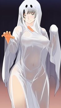 1girl amagami bed_sheet black_eyes black_hair breasts commentary_request covered_navel ghost_costume halloween halloween_costume hanaguma highres large_breasts looking_at_viewer naked_costume ponytail sheet_ghost simple_background solo standing thighs tsukahara_hibiki wet