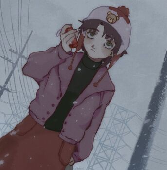 1girl animal_print arm_at_side beanie bear_print brown_eyes brown_hair cellphone closed_mouth cowboy_shot curtained_hair dutch_angle earflap_beanie film_grain flip_phone frown hair_ornament hand_up hat holding holding_phone iwakura_lain jacket jeksteinhj long_sleeves looking_at_viewer muted_colors nose open_clothes open_jacket outdoors phone pink_hat pink_jacket pom_pom_(clothes) pom_pom_beanie power_lines red_skirt serial_experiments_lain short_hair signature skirt snowing solo standing transmission_tower turtleneck utility_pole x_hair_ornament