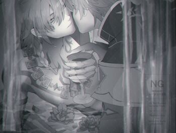 2boys arm_tattoo armlet armor black_coat black_shirt braid chest_tattoo clawed_gauntlets coat commentary_request cup earrings facial_tattoo g2n3s2n0 holding holding_cup honkai:_star_rail honkai_(series) jewelry male_focus medium_hair multiple_boys mydei_(honkai:_star_rail) neck_tattoo necklace open_clothes open_coat partially_submerged pauldrons phainon_(honkai:_star_rail) shirt short_hair shoulder_armor side_braid single_pauldron sun_print sun_symbol sun_tattoo tan tattoo twitter_username watermark yaoi