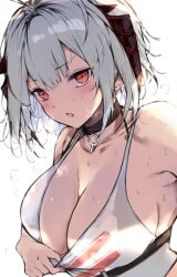 Rule 34 | 1girl, :o, ahoge, arknights, bare shoulders, black choker, blush, breasts, choker, closed mouth, clothes pull, grey hair, highres, horns, kyuu (plastic night q), large breasts, official alternate costume, open mouth, red eyes, shirt, short hair, simple background, solo, sweat, tank top, upper body, v-shaped eyebrows, w (arknights), white background, white shirt