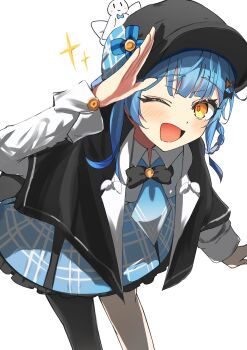 1girl ;d absurdres black_bow black_capelet black_hat blue_hair blue_necktie blue_skirt bow braid braided_hair_rings capelet collared_shirt commentary_request deerstalker feet_out_of_frame hair_bow hair_rings hat highres iix_(iixxxxxxxxx) leaning_forward long_sleeves looking_at_viewer mahou_shoujo_no_majo_saiban necktie one_eye_closed open_mouth pantyhose plaid_clothes plaid_skirt pleated_skirt salute shirt short_hair simple_background single_leg_pantyhose skirt smile solo tachibana_sherry white_background yellow_eyes