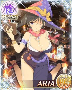1girl :o aria_(senran_kagura) black_hair black_ribbon book border bra breasts candle card_(medium) character_name cleavage dentures dress earrings english_text game_cg grimoire groin hair_ribbon hat high_side_ponytail holding holding_book hoop_earrings jewelry large_breasts large_hat long_hair looking_at_viewer multicolored_hat official_alternate_costume official_art one_eye_closed pentagram purple_eyes purple_hat red_hat red_scarf ribbon ritual scarf senran_kagura senran_kagura_new_wave shuriken_print solo summoning underwear white_bra witch witch_hat