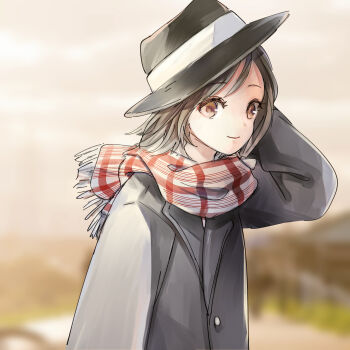 1girl black_coat black_hat brown_eyes brown_hair buttons coat fedora hand_on_own_head hat highres looking_at_viewer poteimo_(poteimo622) scarf short_hair solo touhou two-tone_scarf usami_renko winter winter_clothes