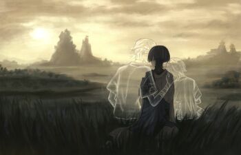 3boys birthmark black_hair black_shorts blue_cape blunt_ends cape facing_away from_behind furisode genshin_impact ghost gold hand_on_another&#039;s_shoulder head_on_another&#039;s_shoulder highres japanese_clothes kimono landscape leaning_on_person long_sleeves mountainous_horizon multiple_boys niwa_(genshin_impact) on_grass scaramouche&#039;s_sickly_friend_(genshin_impact) scaramouche_(genshin_impact) shorts sitting sunset wanderer_(genshin_impact) white_kimono white_sleeves yoruli_e