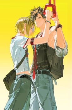 Rule 34 | 2boys, absurdres, alternate costume, arm belt, arm up, backpack, bag, baozaohuang, bead bracelet, beads, belt, belt buckle, black bag, black belt, black hair, black tank top, blonde hair, blue pants, bracelet, brown eyes, buckle, closed mouth, commentary, denim, feet out of frame, gradient background, haikyuu!!, hair behind ear, headphones, highres, jeans, jewelry, kozume kenma, kuroo tetsurou, male focus, midriff peek, multicolored hair, multiple boys, necklace, necktie, pants, print shirt, red belt, red necktie, roots (hair), shirt, short sleeves, shoulder bag, sleeveless, spiked hair, standing, studded belt, symbol-only commentary, t-shirt, tank top, yellow eyes