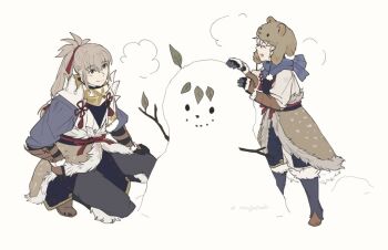 2boys commentary father_and_son fire_emblem fire_emblem_fates grey_hair hair_ribbon high_ponytail kiragi_(fire_emblem) long_hair looking_at_another male_focus multiple_boys nearlydusk nintendo ponytail red_ribbon ribbon snowman symbol-only_commentary takumi_(fire_emblem)