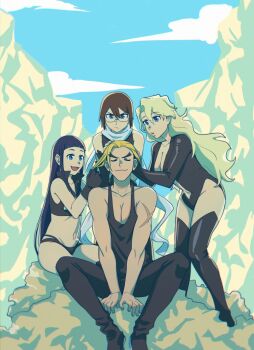 1boy 3girls absurdres bespectacled bikini black_hair blonde_hair blunt_bangs boots breasts brown_hair brushing_hair cleavage cross_scar glasses highres kinon_bachika kittan_bachika kiyal_bachika kiyoh_bachika large_breasts multicolored_hair multiple_girls scar scar_on_arm shirt siblings sisters sky small_breasts swimsuit tank_top tengen_toppa_gurren_lagann thigh_boots two-tone_hair white_shirt yanglao_paopaoren