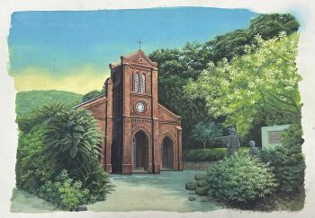 atsumori177 blue_sky brick building church fern highres no_humans original outdoors painting_(medium) path plant road scenery sky statue traditional_media tree