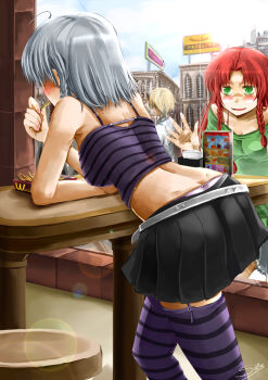 2girls against_glass alternate_costume ass back bent_over blush braid butt_crack casual contemporary downpants eating female_focus from_behind garter_belt garter_straps hong_meiling izayoi_sakuya long_hair mcdonald&#039;s midriff multiple_girls panties panty_slip peeking pleated_skirt rape_face short_hair silver_hair sinzire skirt stalking striped_clothes striped_legwear striped_thighhighs tank_top thighhighs touhou twin_braids underwear whale_tail_(clothing) zettai_ryouiki