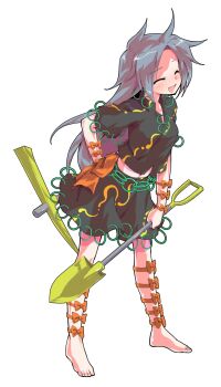 1girl alphes_(style) arm_bow arm_strap barefoot black_shirt black_skirt blush bow breasts closed_eyes collarbone collared_shirt commentary_request dairi full_body grey_hair highres himemushi_momoyo holding holding_pickaxe holding_shovel jewelry large_variant_set long_hair midriff multiple_arm_straps multiple_thigh_straps open_mouth orange_bow parody pickaxe ring shirt shovel simple_background skirt skirt_set small_breasts solo standing style_parody tachi-e thigh_bow touhou transparent_background variant_set very_long_hair
