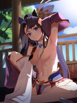 1girl :o absurdres arm_up armor armpits asymmetrical_sleeves black_hair black_hat blue_eyes blue_panties blue_sky breast_curtains breasts circlet day detached_sleeves fate/grand_order fate_(series) feather_hair_ornament feathers hair_ornament hand_on_own_head hat highres indoors japanese_armor knee_up kusazuri large_breasts long_hair long_sleeves looking_at_viewer miniskirt mismatched_sleeves on_floor panties parted_bangs parted_lips pleated_skirt seat showgirl_skirt sitting skirt sky solo spread_legs sunlight underwear ushiwakamaru_(fate) ushiwakamaru_(second_ascension)_(fate) very_long_hair white_skirt ziki_(gkdlfnzo1245)