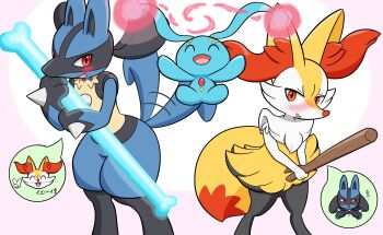 3others absurdres animal_ears blush body_switch bone braixen brokkori2p fangs fox_ears fox_tail furry gen_4_pokemon gen_6_pokemon highres holding legendary_pokemon lucario manaphy multiple_others mythical_pokemon nintendo other_focus personality_switch pokemon pokemon_(creature) smile standing stick tail tail_wagging wolf_ears wolf_tail