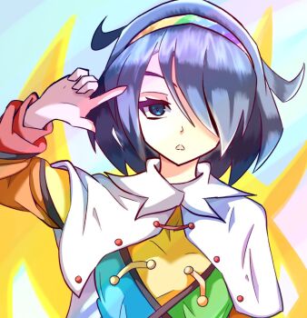 1girl blue_eyes blue_hair boots breasts cape commentary_request hair_over_one_eye hairband kakineko multicolored_clothes multicolored_hairband patchwork_clothes short_hair sky_print small_breasts solo tenkyuu_chimata touhou zipper