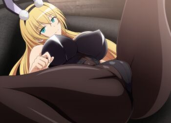 1girl animal_ears aqua_eyes ass azur_lane blonde_hair breasts couch fake_animal_ears hair_between_eyes highleg highleg_leotard highres large_breasts leotard long_hair looking_at_viewer lying makiri_akira north_carolina_(azur_lane) north_carolina_(the_heart&#039;s_desire)_(azur_lane) official_alternate_costume on_back on_couch pantyhose playboy_bunny rabbit_ears solo spread_legs thighs
