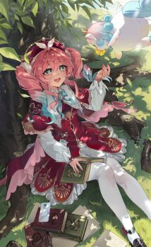 1girl :d aqua_eyes book crown dress drill_hair gradient_hair grass hat highres honkai_(series) honkai_impact_3rd hyacine_(honkai:_star_rail) leaf little_ica_(honkai:_star_rail) long_sleeves mini_crown multicolored_hair open_mouth outdoors pegasus pink_hair reaching sabotensuteeki shade shoes sitting smile tree twin_drills wings