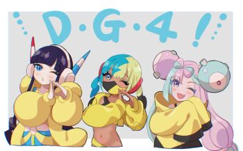 3girls ;o aqua_hair black_hair blonde_hair blue_eyes blue_hair canari_(pokemon) character_hair_ornament cropped_jacket dark-skinned_female dark_skin elesa_(pokemon) fang hair_ornament headphones iono_(pokemon) jacket long_hair long_sleeves looking_at_viewer mask mizuiro123 mouth_mask multicolored_hair multiple_girls navel nintendo one_eye_closed pink_eyes pink_hair pokemon pokemon_bw2 pokemon_legends:_z-a pokemon_sv puffy_sleeves purple_eyes short_hair short_hair_with_long_locks sidelocks skin_fang sleeves_past_fingers sleeves_past_wrists split-color_hair twintails two-tone_hair yellow_jacket