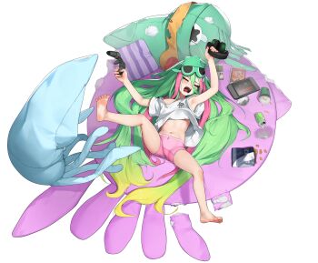 1girl absurdres ahoge animal-shaped_pillow barefoot beeeeen blonde_hair boyshort_panties can cardboard_sword chips_(food) closed_eyes commission controller cup disposable_cup eye_mask feet food full_body futon game_boy game_controller gradient_hair green_hair handheld_game_console headphones highres holding holding_controller holding_game_controller huge_ahoge huge_filesize ireina_(last_origin) last_origin loli long_hair mask multicolored_hair navel official_alternate_costume official_art pillow pink_hair potato_chips safety_pin shirt soda soles spread_legs squid tachi-e tantrum tape tearing_up toes two-tone_hair very_long_hair white_shirt