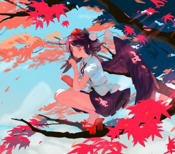 1girl autumn_leaves bird_wings black_hair black_ribbon black_skirt black_wings closed_mouth full_body geta hat highres holding holding_notebook holding_pen leaf looking_ahead maple_leaf maple_tree neck_ribbon notebook on_tree outdoors pen pom_pom_(clothes) puffy_short_sleeves puffy_sleeves red_eyes red_hat red_sandals ribbon sandals shameimaru_aya shirt short_hair short_sleeves skirt solo sunlight tengu-geta tokin_hat touhou tree white_shirt wings youshouhaoxianzhe
