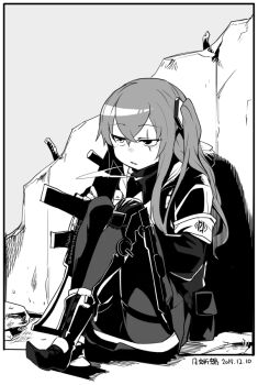 1girl 404_logo_(girls'_frontline) armband commentary_request exoskeleton fingerless_gloves full_body girls'_frontline gloves grey_hair gun h&amp;k_ump hair_between_eyes hair_ornament jacket knees_up long_hair monochrome one_side_up pantyhose rebar rubble scar scar_across_eye scar_on_face shoes sitting skirt solo submachine_gun tsuki_tokage ump45_(girls'_frontline) weapon