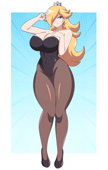 1girl absurdres abysswatchers alternate_breast_size_(larger) arm_up black_leotard black_shoes blonde_hair blue_background blue_eyes border breasts brown_pantyhose cleavage collarbone commentary commission contrapposto crown curly_hair english_commentary female_focus full_body gradient_background groin_tendon hair_over_one_eye hand_on_own_chest high_heels highres large_breasts legs_together leotard mario_(series) nintendo nontraditional_playboy_bunny outside_border pantyhose polka_dot polka_dot_background pumps rosalina shoes sideways_glance smile solo standing super_mario_galaxy v