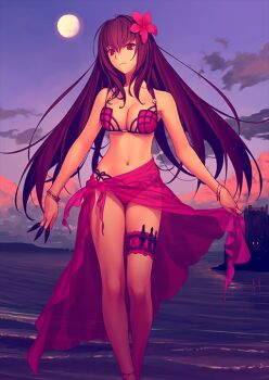 Rule 34 | 1girl, anklet, bangle, bare arms, bare shoulders, beach, between fingers, bikini, bracelet, breasts, castle, cleavage, closed mouth, cloud, crossed ankles, fate/grand order, fate (series), feet out of frame, flower, full moon, hair between eyes, hair flower, hair intakes, hair ornament, head tilt, holding, holding weapon, jewelry, knife, koyama hirokazu, large breasts, long hair, looking at viewer, moon, navel, ocean, official art, pink bikini, pink flower, pink sarong, purple hair, purple sky, red eyes, sarong, sarong hold, scathach (fate), scathach (fate/grand order), scathach (swimsuit assassin) (fate), see-through clothes, see-through sarong, sidelocks, sky, solo, standing, swimsuit, thigh gap, thigh strap, third-party source, throwing knife, underboob, weapon
