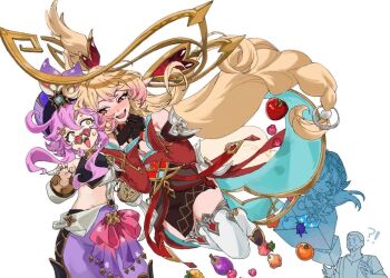 Rule 34 | !?, 1boy, 3girls, ;), alice (genshin impact), apple, blush, box, braid, chibi, closed mouth, commentary request, constricted pupils, cowlick, dori (genshin impact), dress, floating, food, fruit, genshin impact, glasses, gloves, halo, harem pants, hat, height difference, jewelry, leaning on person, long hair, looking at another, looking over eyewear, low-braided long hair, low-tied long hair, midriff, mochimochi ocha, multicolored hair, multiple girls, multiple rings, nervous, nervous sweating, nicole reeyn, nose blush, one eye closed, open mouth, own hands together, pants, pince-nez, pink hair, purple hat, red-tinted eyewear, ring, shirt, short hair, simple background, smile, stomach, surprised, sweat, symbol-shaped pupils, thighhighs, tinted eyewear, two-tone hair, very long hair, vest, white background, wide-eyed, yellow eyes