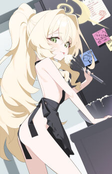 1girl absurdres alternate_costume apron black_apron blue_archive breasts commentary cream doodle_sensei_(blue_archive) fluffy_hair from_side green_eyes hair_intakes halo high_ponytail highres holding holding_whisk honi_(honi1010) licking loli long_hair looking_at_viewer mixing_bowl naked_apron official_alternate_hairstyle ponytail professor_niyaniya_(blue_archive) sensei_(blue_archive) side_ahoge small_breasts solo sticky_note symbol-only_commentary tongue tongue_out very_long_hair whipped_cream whisk yellow_halo