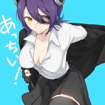 1girl aqua_background black_cardigan black_gloves black_skirt black_thighhighs breasts cardigan cleavage collared_shirt commentary dated_commentary eyepatch gloves hair_between_eyes headgear kan'yu_(citron_82) kantai_collection large_breasts looking_at_viewer open_cardigan open_clothes partially_fingerless_gloves purple_hair shirt shirt_tucked_in short_hair simple_background skirt solo sweat tenryuu_(kancolle) thighhighs translation_request yellow_eyes