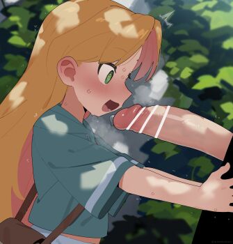 1boy 1girl @_@ absurdres aqua_jacket bar_censor blonde_hair blush censored colored_inner_hair commentary_request green_eyes hetero highres jacket long_hair looking_at_penis mizumizuni multicolored_hair open_mouth outdoors penis pink_hair ruri_no_houseki short_sleeves solo_focus sweat tanigawa_ruri two-tone_hair