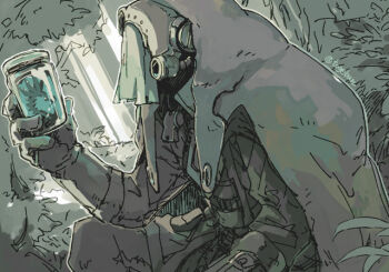 1boy cape commentary_request covered_face creature foliage gloves green_theme gyarike hand_up helmet holding holding_jar hood hood_up hooded_cape jacket jar light_beam long_sleeves made_in_abyss male_focus monochrome muted_color nature outdoors sketch solo toge_(owannun) tree twitter_username whistle whistle_around_neck