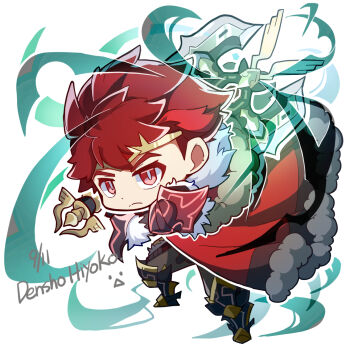 1boy axe cape chibi chibi_only collared_cloak commentary_request diamant_(fire_emblem) diamant_(fortified_king)_(fire_emblem) double-sided_axe fire_emblem fire_emblem_engage fire_emblem_heroes highres king male_focus nintendo red_cape red_eyes red_hair ryoto_soukyuu short_hair