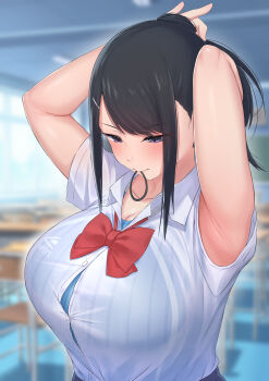 1girl absurdres adjusting_hair armpits arms_behind_head black_hair blue_one-piece_swimsuit blurry blurry_background bow bowtie breasts bursting_breasts button_gap classroom collared_shirt competition_swimsuit dress_shirt hair_ornament hair_tie hair_tie_in_mouth hairclip highres indoors large_breasts long_hair looking_down mouth_hold one-piece_swimsuit original ponytail purple_eyes red_bow red_bowtie ribbed_swimsuit school_uniform see-through_clothes see-through_shirt shirt shirt_tucked_in short_sleeves shoshan sidelocks skirt solo swimsuit swimsuit_under_clothes tying_hair upper_body white_shirt wing_collar