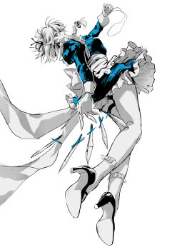 1girl absurdres apron back_bow blue_dress blue_eyes bow braid breasts closed_mouth commentary_request dagger dress floating_hair frills full_body hair_between_eyes hair_bow hair_ribbon hand_up hayaten high_heels highres holding holding_pocket_watch izayoi_sakuya juliet_sleeves knife long_sleeves looking_at_viewer maid maid_headdress medium_breasts partially_colored pocket_watch puffy_sleeves ribbon shoes short_hair socks solo thigh_strap touhou twin_braids watch watermark weapon white_apron