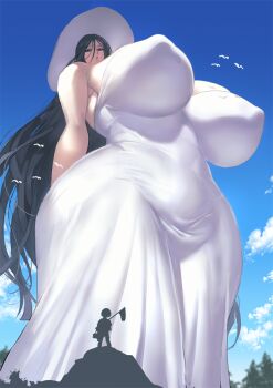 1other ambiguous_gender ass belly black_hair blue_sky breasts covered_erect_nipples curvy dress expressionless from_below giant giantess gigantic_breasts hasshaku-sama hat huge_ass impossible_clothes impossible_dress japanese_urban_legends kisuu long_hair looking_at_viewer looking_down net plump pursed_lips sky sun_hat sundress tall_female thick_thighs thighs very_long_hair white_dress white_headwear wide_hips