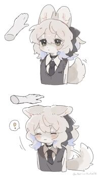 ! 1girl ^_^ afterimage animal_ears artist_name black_collar black_eyes black_necktie black_vest blush closed_eyes collar cropped_torso disembodied_hand dog_ears dog_girl dog_tail dot_nose furry furry_female gomafuto grey_hair highres necktie original sequential shirt short_hair signature simple_background solo_focus spoken_exclamation_mark tail tail_wagging upper_body vest white_background white_shirt