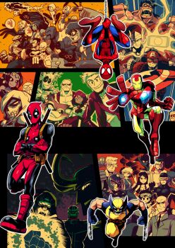 10s animification armor avengers_(series) bald ben_grimm black_sclera blush_stickers bob_(marvel) bob_agent_of_hydra body_hair bodysuit breasts cable_(marvel) captain_america charles_xavier claws cleavage clenched_hand clenched_teeth closed_eyes colored_sclera colossus_(x-men) cyclops_(x-men) daredevil deadpool deadpool_(series) doctor_doom domino_mask doop drax_the_destroyer earrings energy everyone evil_grin evil_smile eye_mask facial_mark fantastic_four fire flying_sweatdrops formal_clothes frown gamora grin groot guardians_of_the_galaxy gun gwen_stacy gwenpool handgun helmet highres horns hulk iron_fist_(marvel) iron_man jennifer_walters jewelry johnny_storm jubilee kamala_khan katana laura_kinney lightning loki_(marvel) luke_cage magneto marvel mask mjolnir_(marvel) ms._marvel necktie nightcrawler open_mouth outline peter_quill pistol pouch power_armor raccoon rariatto_(ganguri) red_eyes reed_richards rocket_raccoon rogue_(x-men) saliva she-hulk shield shiklah smile spider-girl spider-gwen spider-man spider-man_(series) stan_lee steve_rogers sue_storm suit superhero_costume sword taskmaster teeth thanos the_punisher_(character) the_punisher_(series) thor_(marvel) upside-down weapon wolverine_(x-men) x-23 x-men