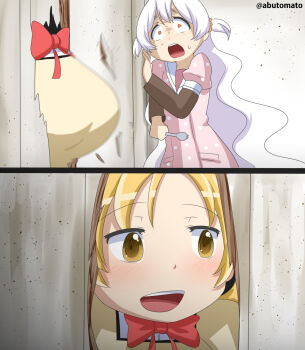 2girls abutomato artist_name blonde_hair blush bouncing_breasts bow bowtie breasts comic eyes_visible_through_hair gradient_background here's_johnny!_(meme) highres large_breasts long_hair mahou_shoujo_madoka_magica mahou_shoujo_madoka_magica:_hangyaku_no_monogatari meme momoe_nagisa multiple_girls open_mouth panicking parody scene_reference school_uniform sidelocks silver_hair spork sweat the_shining tomoe_mami very_long_hair yellow_eyes