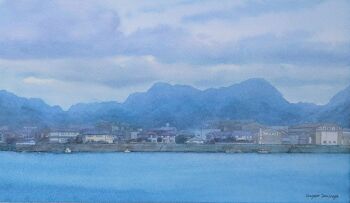 Rule 34 | absurdres, artist name, boat, commentary request, highres, house, landscape, motor vehicle, mountainous horizon, no humans, onomichi (city), original, overcast, painting (medium), scenery, sky, tominaga hayato, traditional media, tree, warehouse, watercolor (medium), watercraft