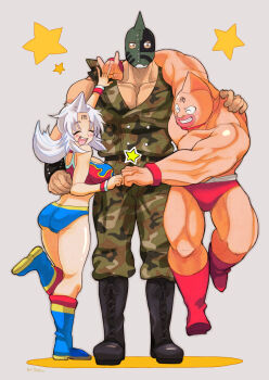 Rule 34 | 1girl, 2boys, abs, alternate universe, artist request, ass, bare legs, bare shoulders, biceps, breasts, crossover, kinniku ataru, kinniku suguru, kinnikuman, kinnikuman (character), kinnikuman lady, kinnikuman lady (character), kinnikuman soldier, large breasts, large pectorals, long hair, looking at another, mask, medium hair, military, military uniform, multiple boys, muscular, muscular female, pectorals, shiny skin, white hair, wrestling, wrestling outfit