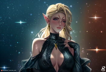 bare_shoulders black_dress blonde_hair blush breasts cleavage_cutout clothing_cutout collarbone commentary dress earrings elbow_gloves elf english_commentary glitter_dress gloves hair_over_one_eye hand_on_own_chest hand_up jewelry large_breasts lipstick makeup original patreon_logo patreon_username pink_lips pointy_ears runny_makeup sidelocks signature sky star_(sky) starry_sky starry_sky_background tonyra turtleneck upper_body