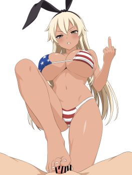 Rule 34 | 1boy, 1girl, absurdres, alternate breast size (larger), american flag, american flag bikini, american flag print, bar censor, barefoot, bikini, black hairband, blonde hair, blush, breasts, brown eyes, censored, commentary request, crossed bangs, feet, flag print, flag print bikini, footjob, hair between eyes, hairband, hand up, hetero, highres, huge breasts, kantai collection, knee up, long hair, looking at viewer, middle finger, migikoba, navel, penis, ponytail, pov, print bikini, shadow, shimakaze (kancolle), simple background, small penis, stepped on, swimsuit, tan, thighs, toenails, toes, v-shaped eyebrows, very long hair, white background