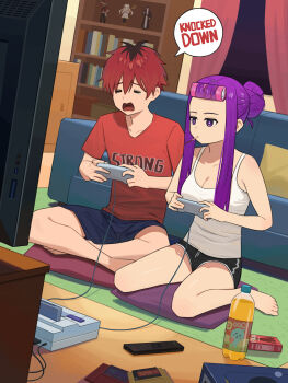 1boy 1girl =_= absurdres alternate_costume alternate_hairstyle bare_legs barefoot black_hair black_shorts bookshelf bottle breasts cleavage commentary_request contemporary controller drink fatzhai fern_(sousou_no_frieren) figure food frieren game_console game_controller hair_bun hair_rollers highres holding holding_controller holding_game_controller indian_style indoors large_breasts mouth_hold multicolored_hair playing_games pocky purple_hair qoo_(character) red_hair red_shirt remote_control roots_(hair) shirt short_shorts shorts sidelocks single_hair_bun sitting sousou_no_frieren stark_(sousou_no_frieren) super_famicom super_famicom_cartridge super_famicom_gamepad tank_top tears toes wariza white_tank_top