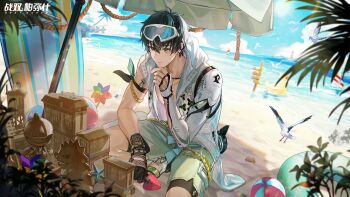 alternate_costume artist_request ball beach beachball belt bird birthday black_hair boat building_sand_sculpture chain crab earrings fishnets gloves goggles goggles_on_head gold_chain hand_on_own_chin happy_birthday highres hood hoodie jacket jewelry lifebuoy light_smile machine noan:_arca_(summer_glimmer)_(pgr) noan_(pgr) ocean official_alternate_costume official_art open_clothes open_jacket palm_tree pinwheel plant punishing:_gray_raven rubber_duck sailboat sand sand_castle sand_sculpture seagull surfboard swim_ring swimsuit tassel tree umbrella watercraft yellow_eyes