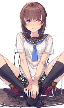 1girl android android_girl_kotomi black_shoes blue_neckerchief blunt_bangs blush braid breasts breasts_squeezed_together brown_hair butterfly_sitting cable closed_mouth collarbone commentary_request embarrassed half_up_braid highres itou_(onsoku_tassha) joints looking_at_viewer mechabare neckerchief nose_blush orange_eyes original panties panties_around_leg pink_panties ringed_eyes robot_joints sailor_collar school_uniform serafuku shirt shoes short_hair short_sleeves side-tie_panties sitting skin_seams skirt solo straight-on sweat tareme tears underwear unworn_skirt v_arms white_background